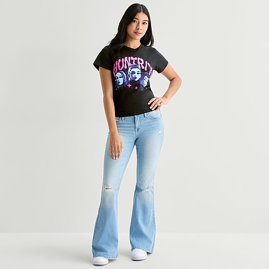 Womens Juniors Crew Neck Short Sleeve Fitted KPOP Demon Hunters Graphic T-Shirt