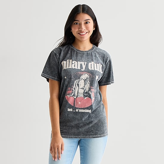 Womens Juniors Crew Neck Short Sleeve Loose Fit Graphic T-Shirt