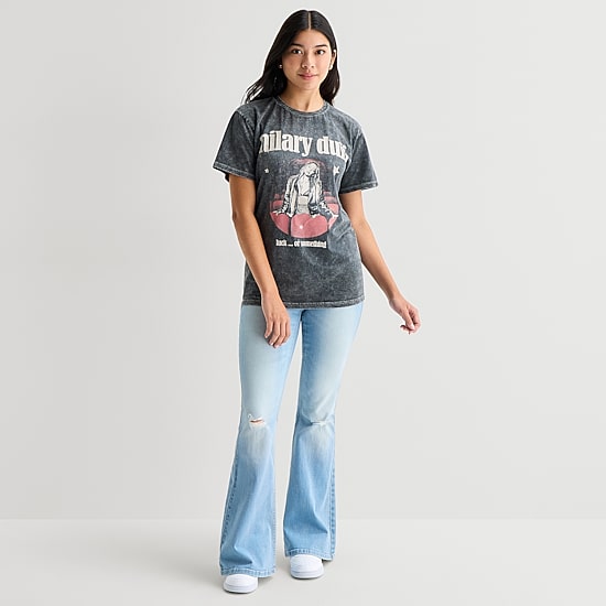 Womens Juniors Crew Neck Short Sleeve Loose Fit Graphic T-Shirt