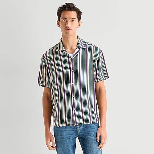 Arizona Mens Short Sleeve Boxy Fit Button-Down Shirt, Medium, Green