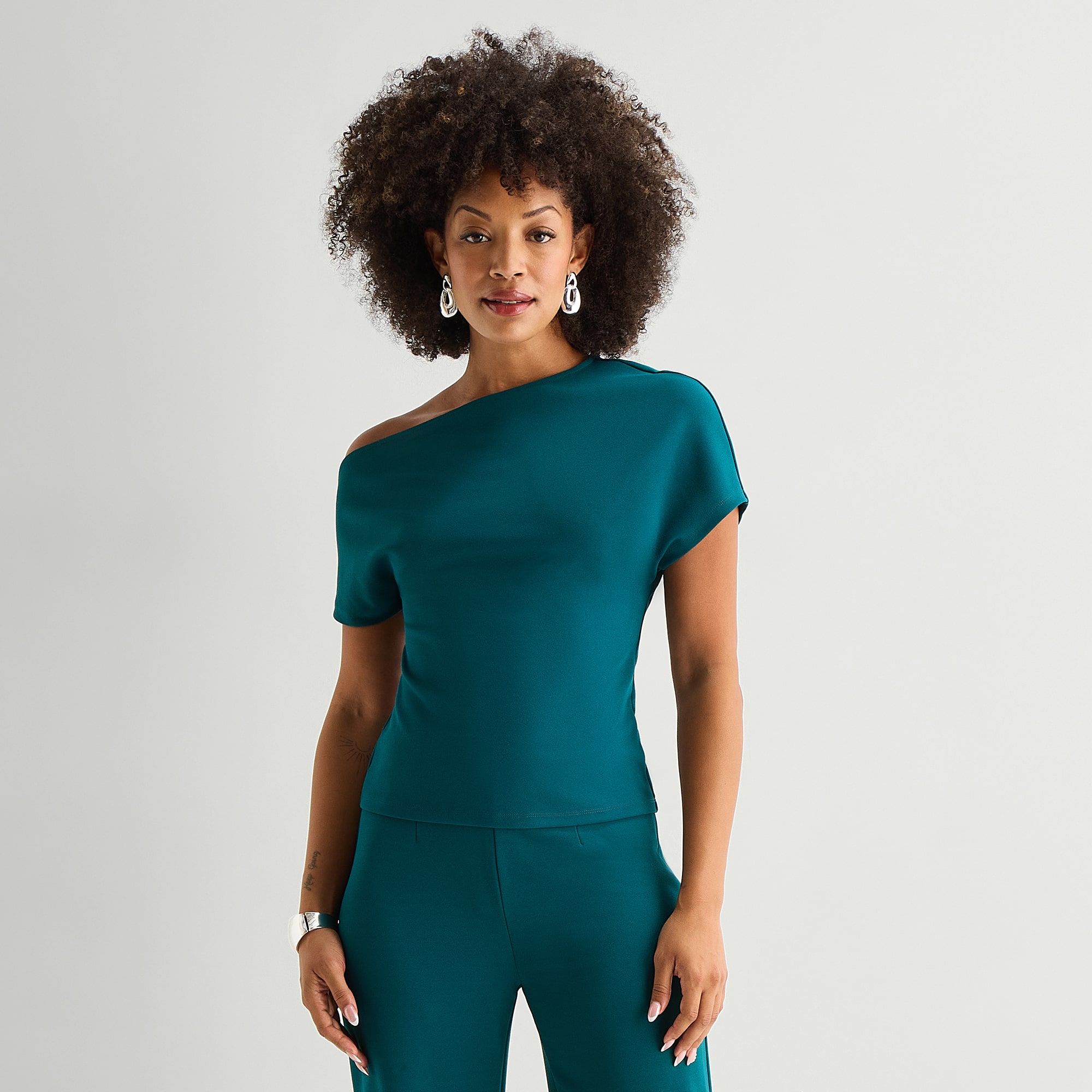 Bold Elements Womens Asymmetrical Neck Short Sleeve Blouse