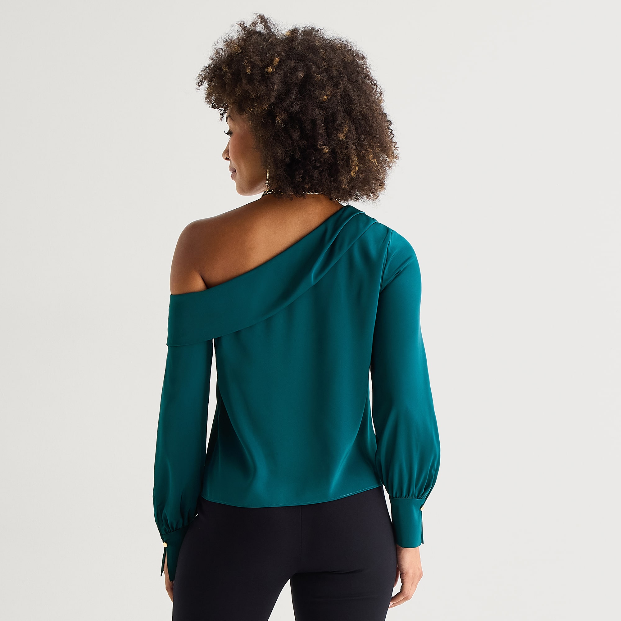 Bold Elements Womens Asymmetrical Neck Long Sleeve Satin Blouse