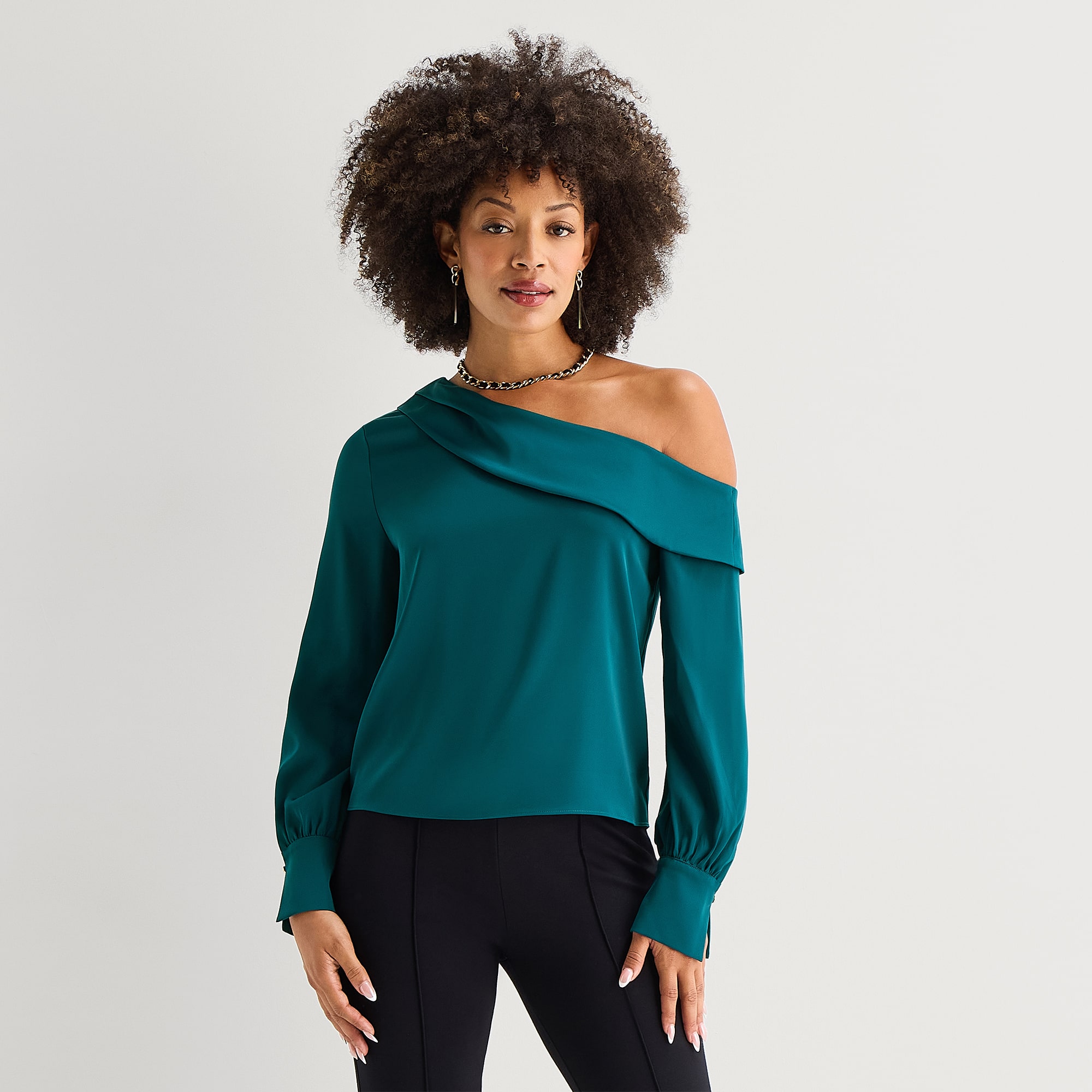 Bold Elements Womens Asymmetrical Neck Long Sleeve Satin Blouse