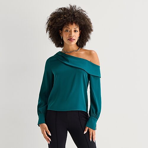 Bold Elements Womens Asymmetrical Neck Long Sleeve Satin Blouse In Blue