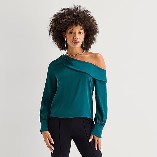 Bold Elements Womens Asymmetrical Neck Long Sleeve Satin Blouse