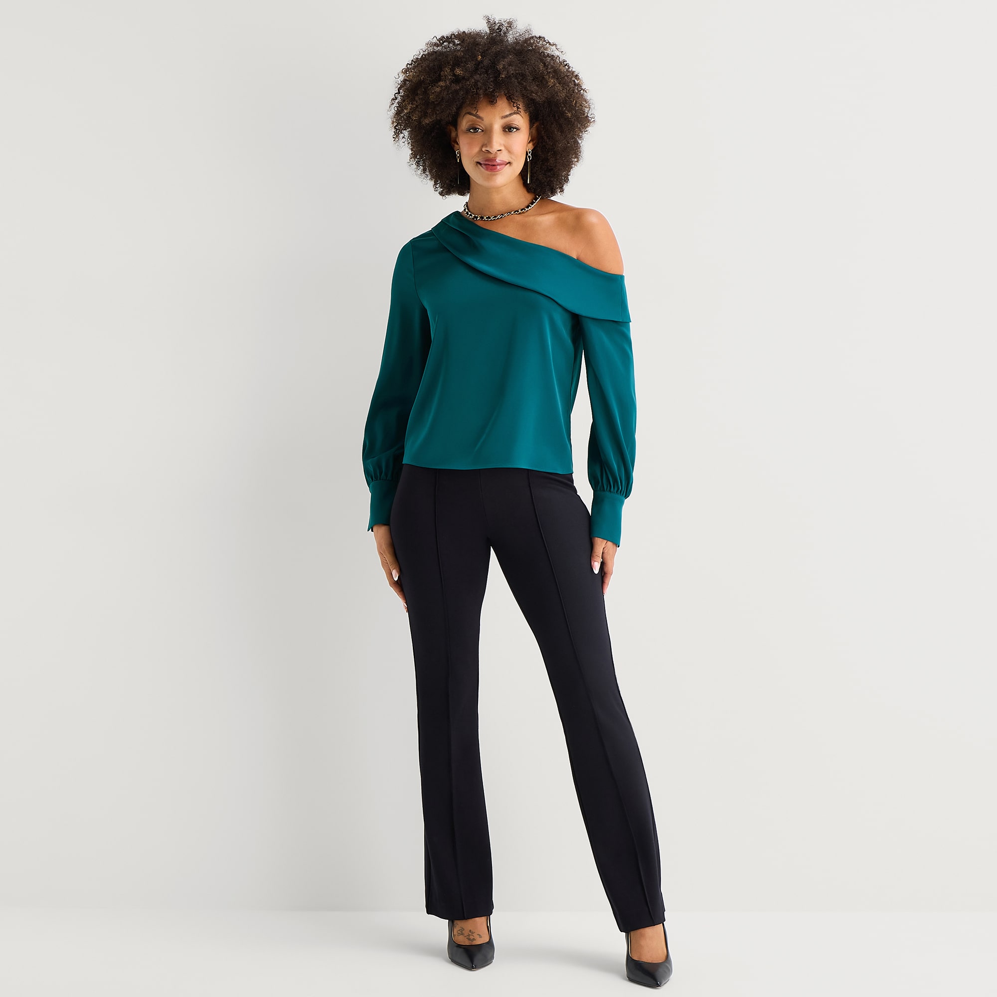 Bold Elements Womens Asymmetrical Neck Long Sleeve Satin Blouse
