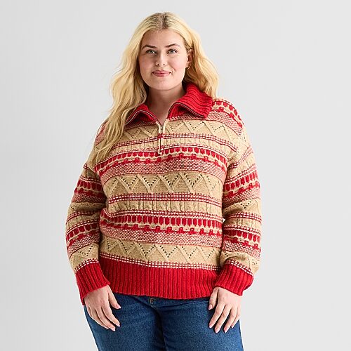St. John's Bay Womens Long Sleeve Plus Striped Quarter-zip Pullover Sweater In Red