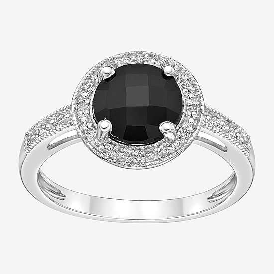 Womens Diamond Accent Genuine Black Onyx Sterling Silver Halo Cocktail Ring