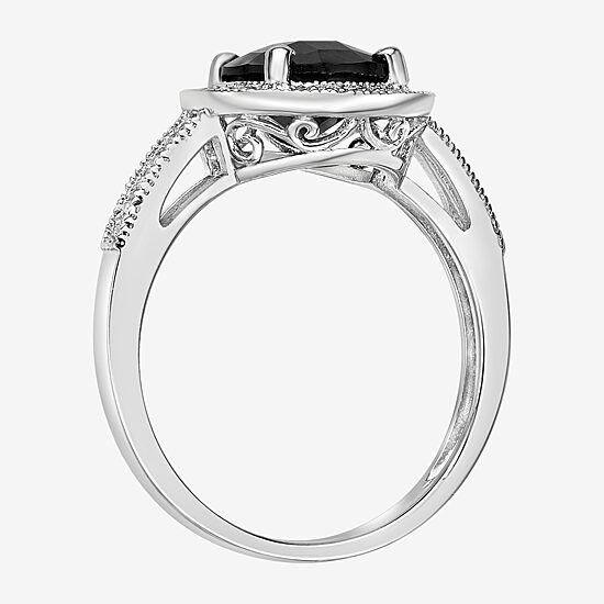 Womens Diamond Accent Genuine Black Onyx Sterling Silver Halo Cocktail Ring