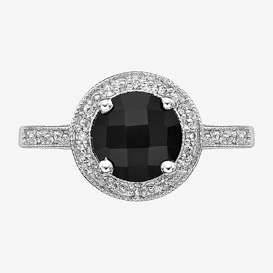 Womens Diamond Accent Genuine Black Onyx Sterling Silver Halo Cocktail Ring