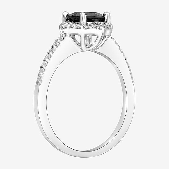 Womens Genuine Black Onyx Sterling Silver Halo Cocktail Ring