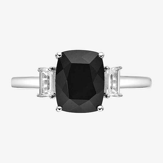 Womens Genuine Black Onyx Sterling Silver Side Stone Cocktail Ring