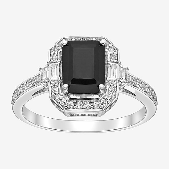 Womens Genuine Black Onyx Sterling Silver Halo Cocktail Ring