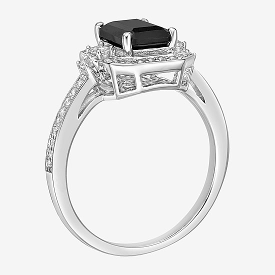 Womens Genuine Black Onyx Sterling Silver Halo Cocktail Ring