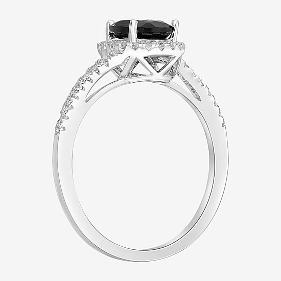 Womens Genuine Black Onyx Sterling Silver Halo Cocktail Ring