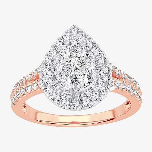 (H-I / I1) Womens 1 CT. T.W. Lab Grown White Diamond 10K or 14K Gold Pear Side Stone Halo Engagement Ring, 9, Rose