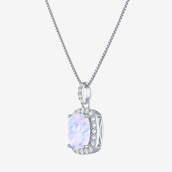 Womens Lab Created Gemstone Sterling Silver Halo Pendant Necklace