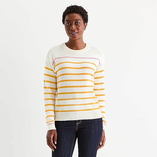 St. John's Bay Womens Crew Neck Long Sleeve Striped Pullover Sweater
