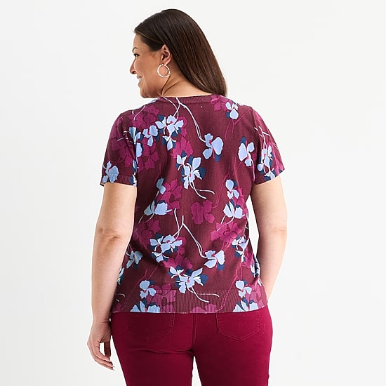 Liz Claiborne Plus Womens Crew Neck Short Sleeve Floral Pullover Sweater