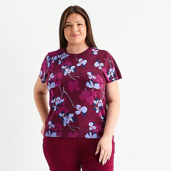 Liz Claiborne Plus Womens Crew Neck Short Sleeve Floral Pullover Sweater