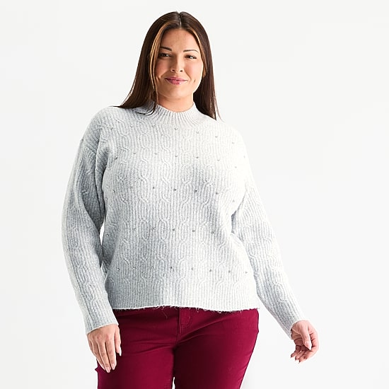 Liz Claiborne Plus Womens Crew Neck Long Sleeve Pullover Sweater