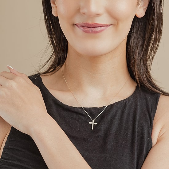 (G/Si2) Womens 1/4 CT. T.W. Lab Grown White Diamond 10K Gold Cross 18 Inch Pendant Necklace
