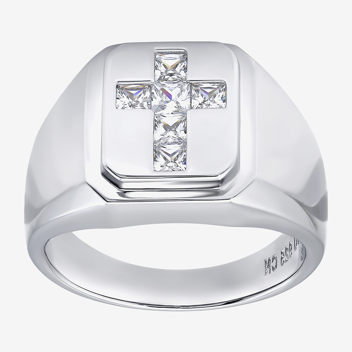 Mens Cubic Zirconia Sterling Silver Cross Signet Ring