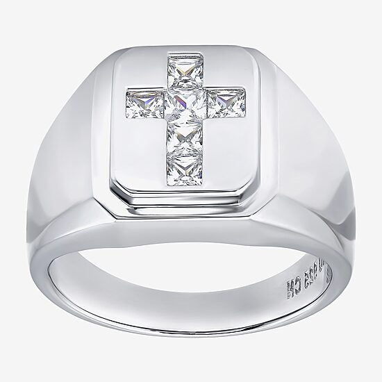 Mens Cubic Zirconia Sterling Silver Cross Signet Ring
