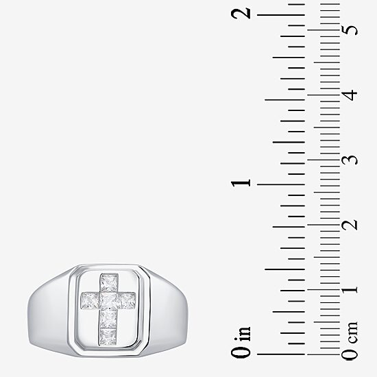 Mens Cubic Zirconia Sterling Silver Cross Signet Ring