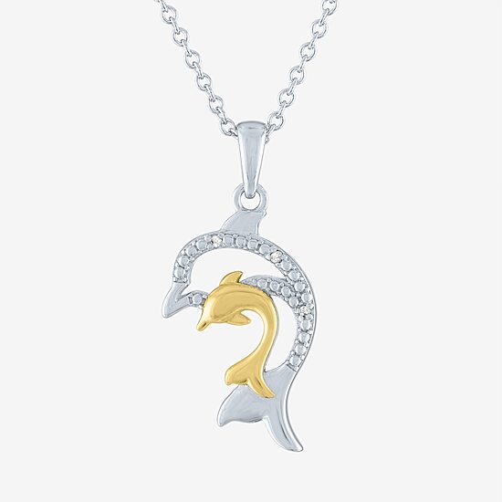 Diamond Accent Mother And Baby Dolphin Womens Diamond Accent Natural White Diamond 14K Gold Over Silver 18 Inch Pendant Necklace