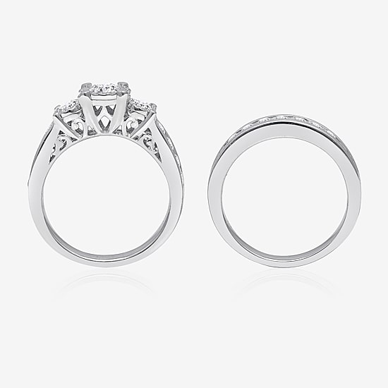 Love Lives Forever Womens 2 CT. T.W. Natural White Diamond 14K Gold Round Side Stone 3-Stone Bridal Set