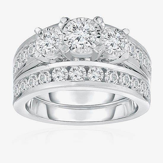 Love Lives Forever Womens 2 CT. T.W. Natural White Diamond 14K Gold Round Side Stone 3-Stone Bridal Set