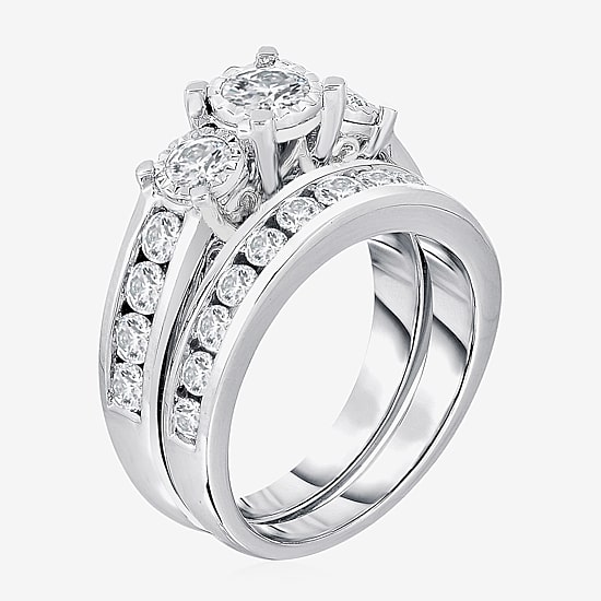Love Lives Forever Womens 2 CT. T.W. Natural White Diamond 14K Gold Round Side Stone 3-Stone Bridal Set