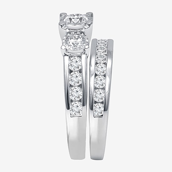 Love Lives Forever Womens 2 CT. T.W. Natural White Diamond 14K Gold Round Side Stone 3-Stone Bridal Set