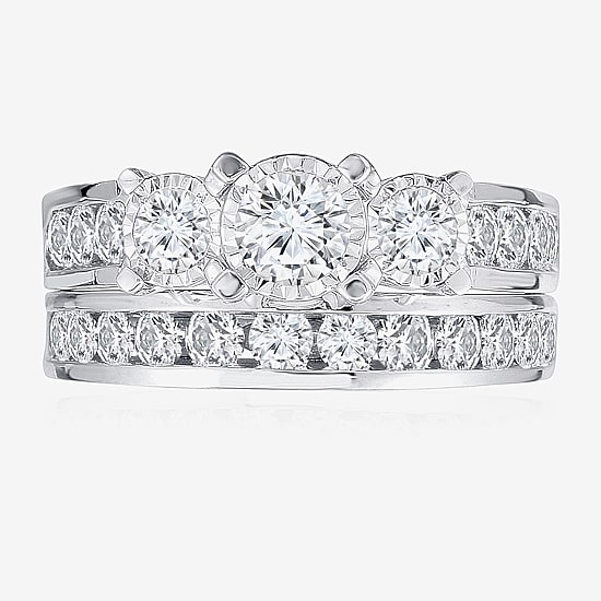 Love Lives Forever Womens 2 CT. T.W. Natural White Diamond 14K Gold Round Side Stone 3-Stone Bridal Set