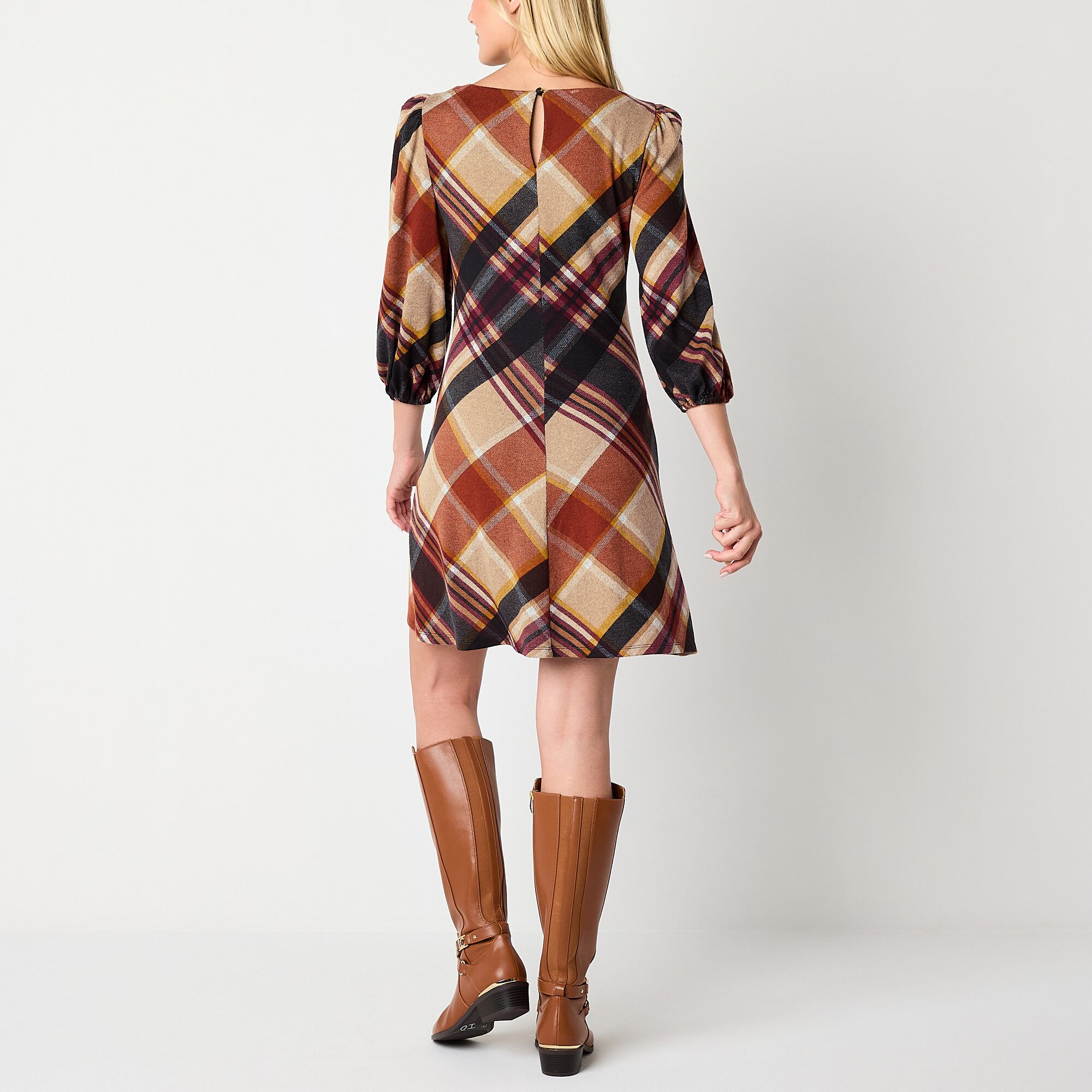 Jessica Howard Womens Crew Neck 3/4 Sleeve Plaid Shift Dress