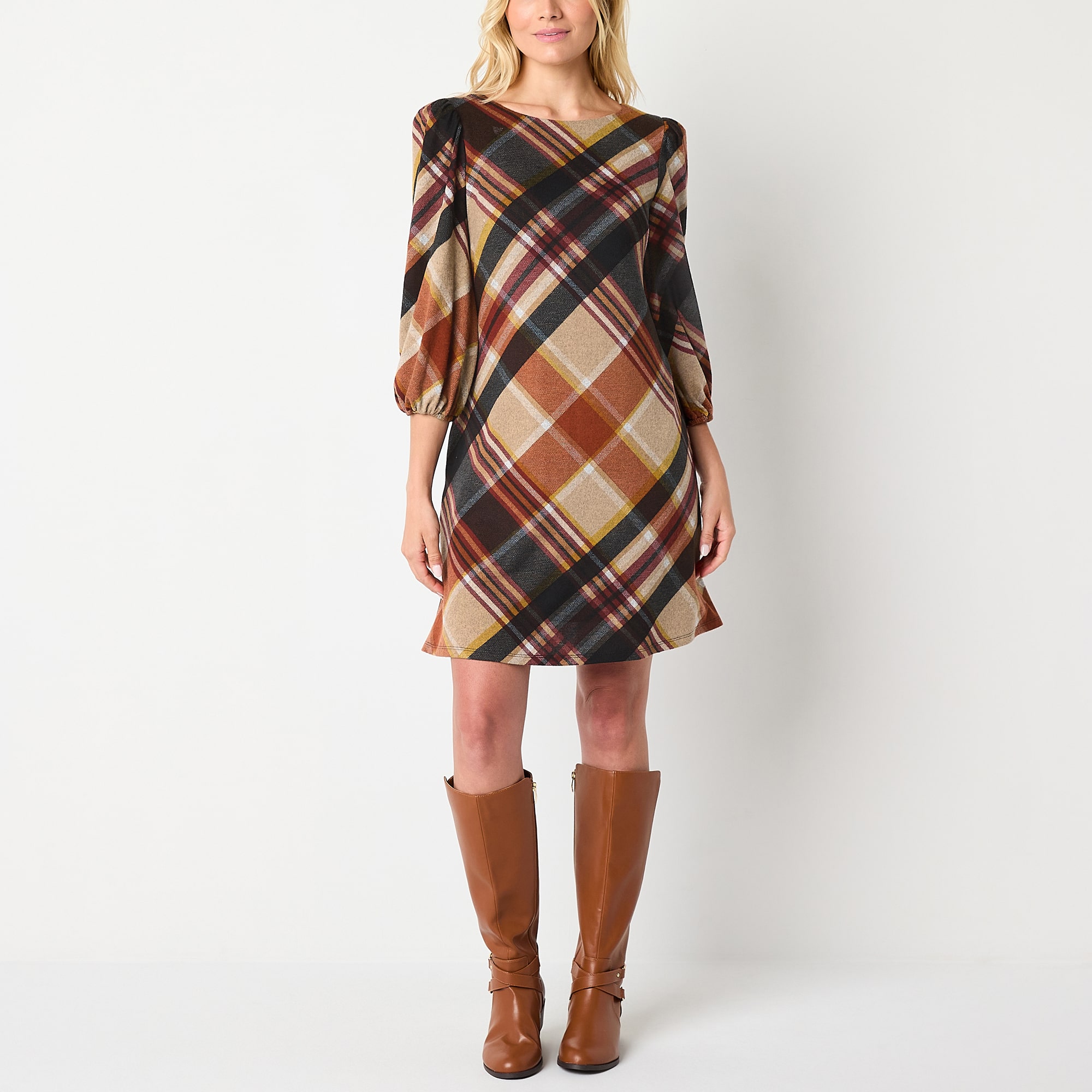 Jessica Howard Womens Crew Neck 3/4 Sleeve Plaid Shift Dress