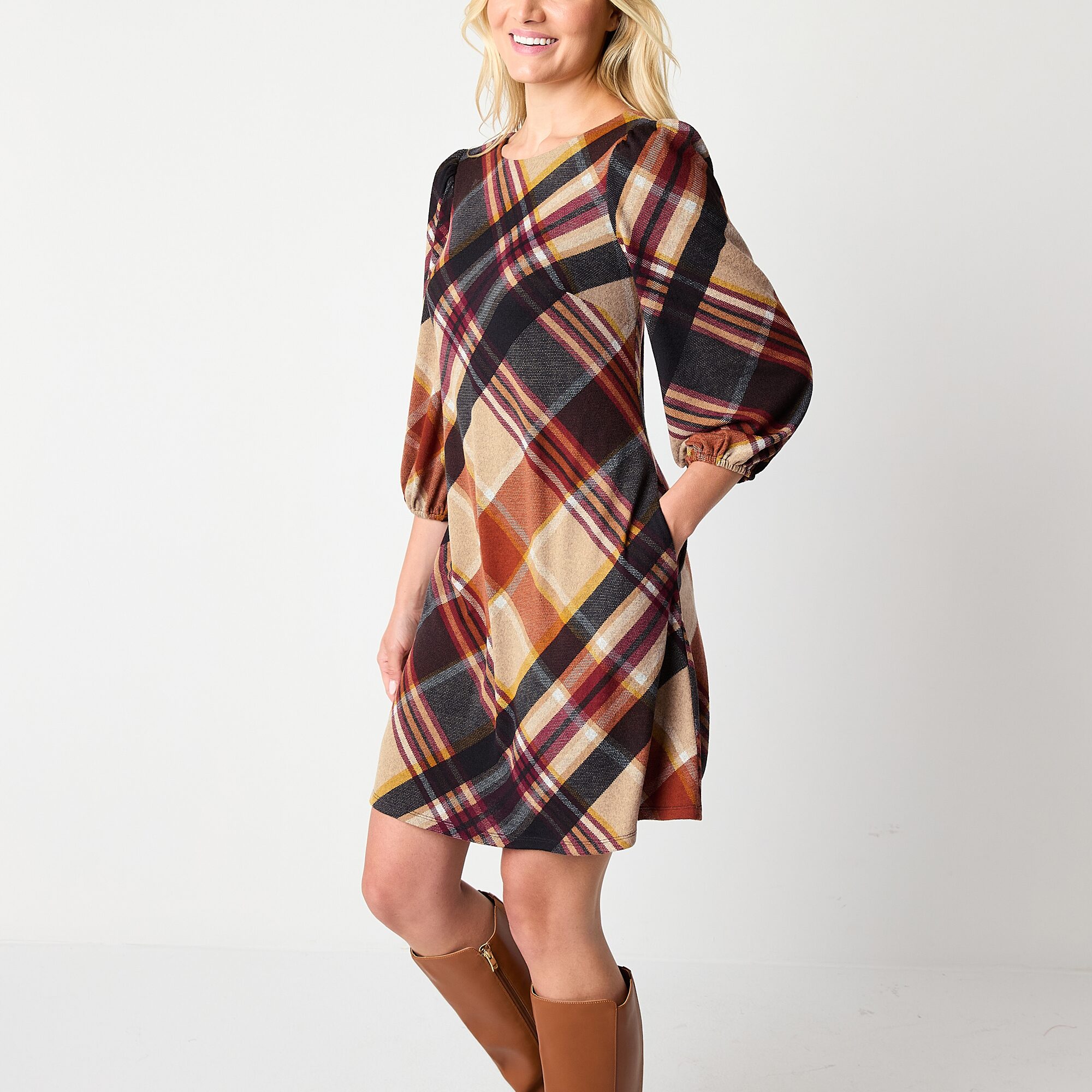 Jessica Howard Womens Crew Neck 3/4 Sleeve Plaid Shift Dress
