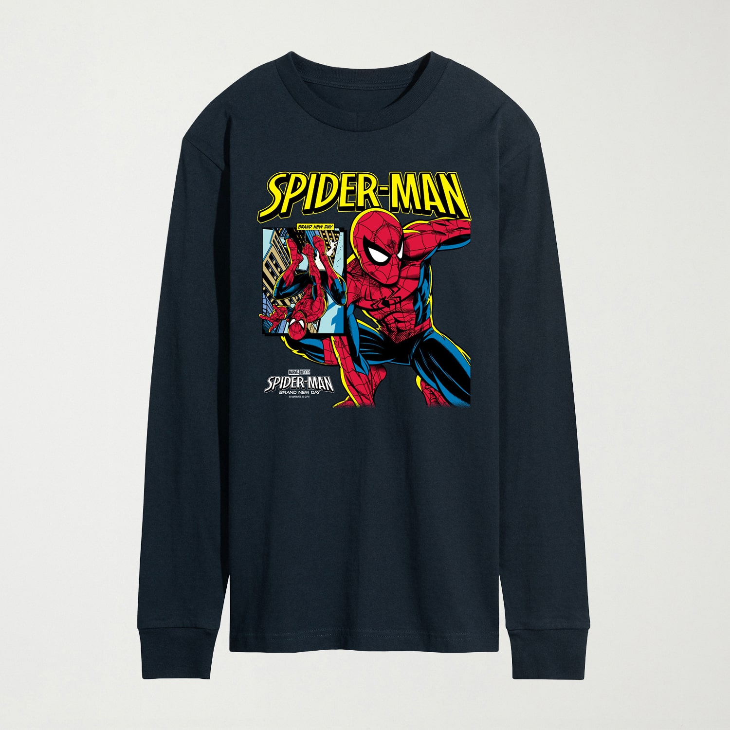 Brand New Day Comic Cover Mens Crew Neck Long Sleeve Regular Fit Spiderman Graphic T-Shirt