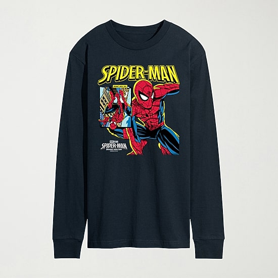 Mens Crew Neck Long Sleeve Regular Fit Spiderman Graphic T-Shirt