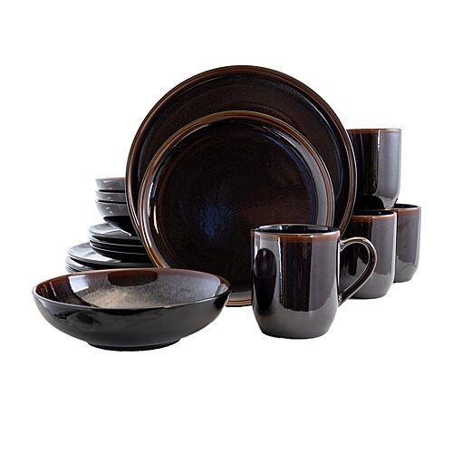 Elama Midnight Beach 16 Piece Round Stoneware Dinnerware Set in Metallic Black