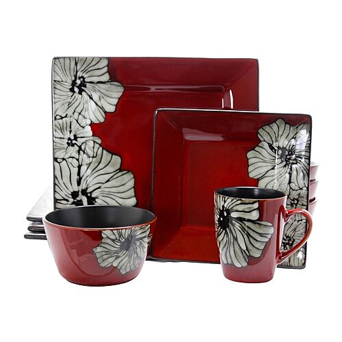 Elama Winter Bloom 16-pc. Stoneware Dinnerware Set, One Size, Red