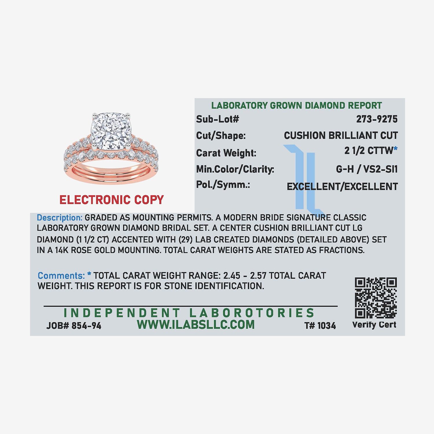 Signature By Modern Bride (G-H / Vs2-Si1) Womens 2 1/2 CT. T.W. Lab Grown White Diamond 14K Gold Cushion Side Stone Bridal Set