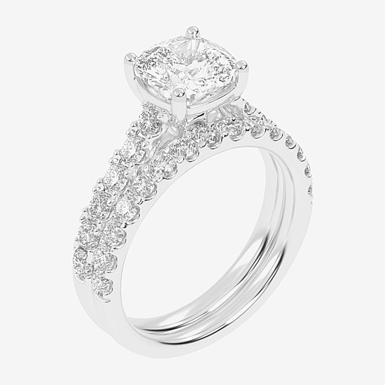 Signature By Modern Bride (G-H / Vs2-Si1) Womens 2 1/2 CT. T.W. Lab Grown White Diamond 14K Gold Cushion Side Stone Bridal Set