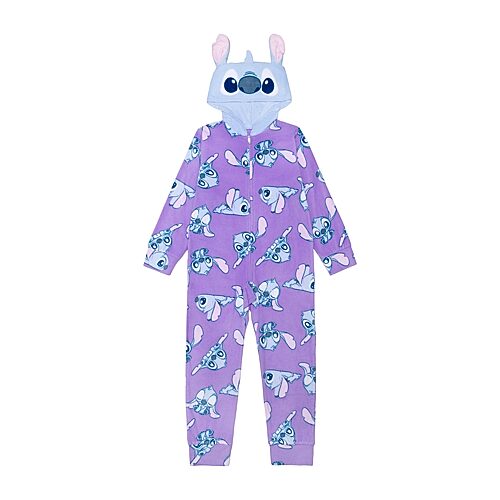 Disney Collection Girls Lilo & Stitch Microfleece Crew Neck Long Sleeve Big One Piece Pajama, 8, Purple