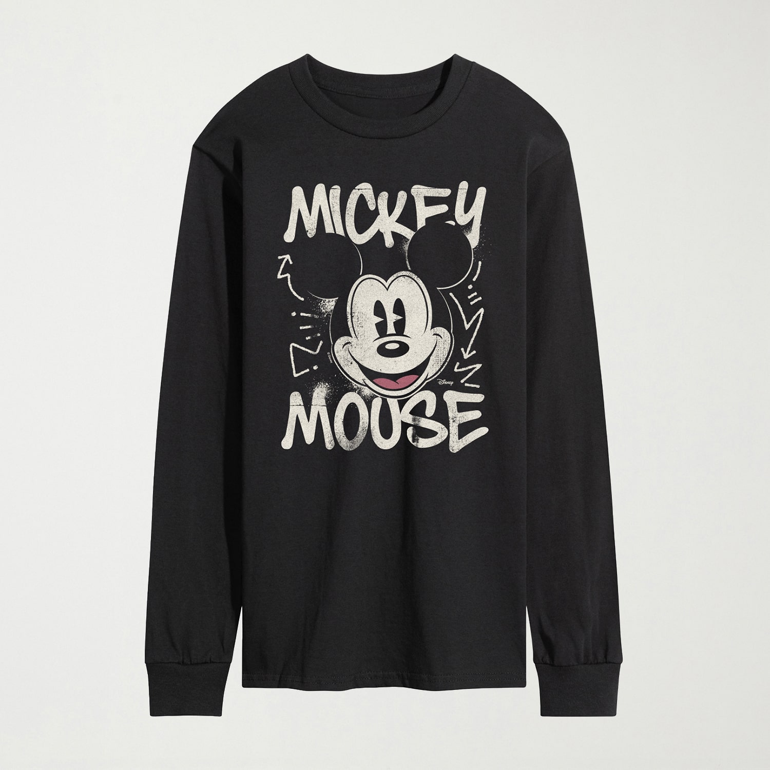 Graffiti Vintage Faded Mens Crew Neck Long Sleeve Regular Fit Mickey Mouse Graphic T-Shirt