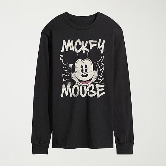 Graffiti Vintage Faded Mens Crew Neck Long Sleeve Regular Fit Mickey Mouse Graphic T-Shirt