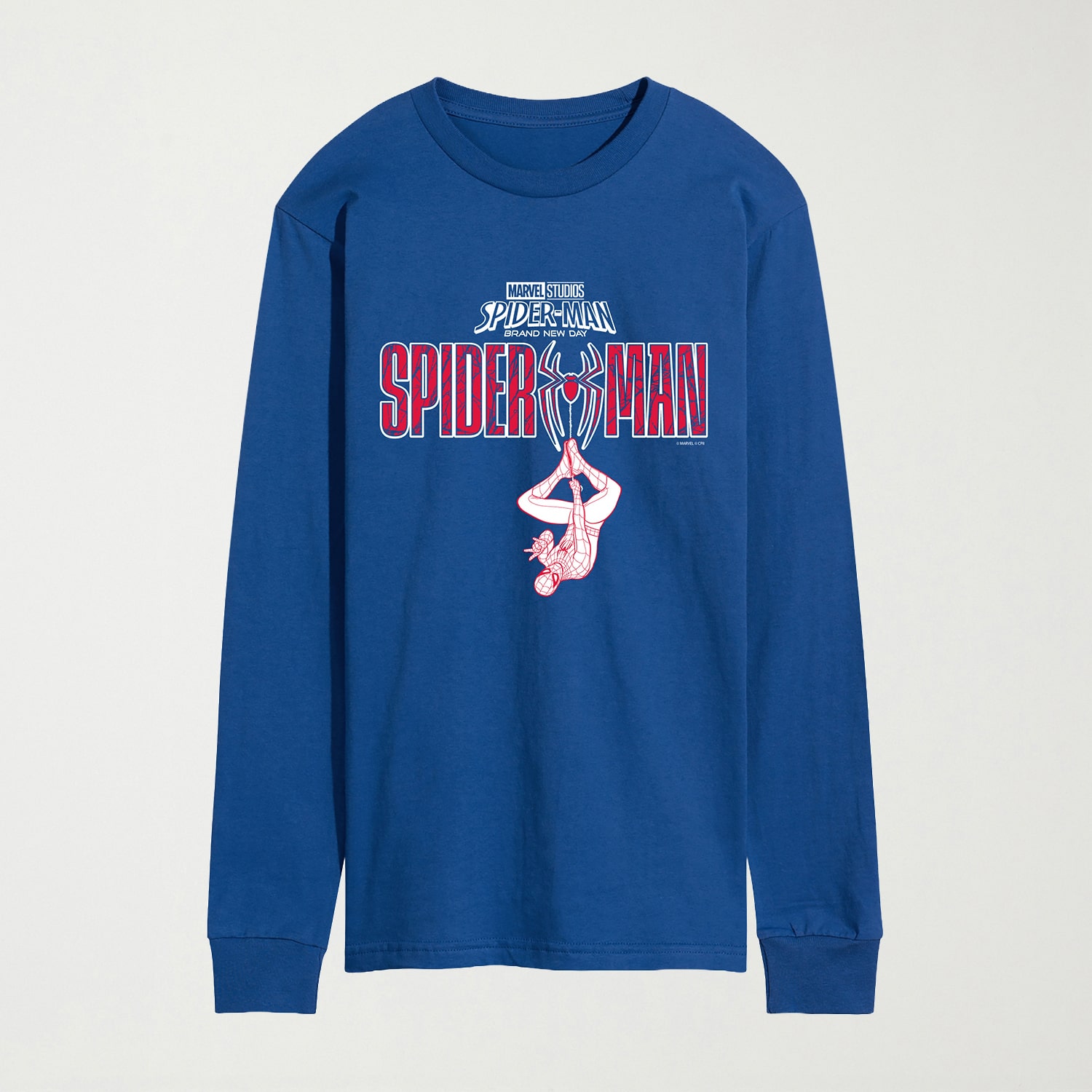 Brand New Day Hanging From Logo Mens Crew Neck Long Sleeve Regular Fit Spiderman Graphic T-Shirt