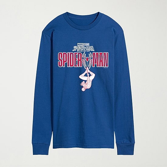 Brand New Day Hanging From Logo Mens Crew Neck Long Sleeve Regular Fit Spiderman Graphic T-Shirt