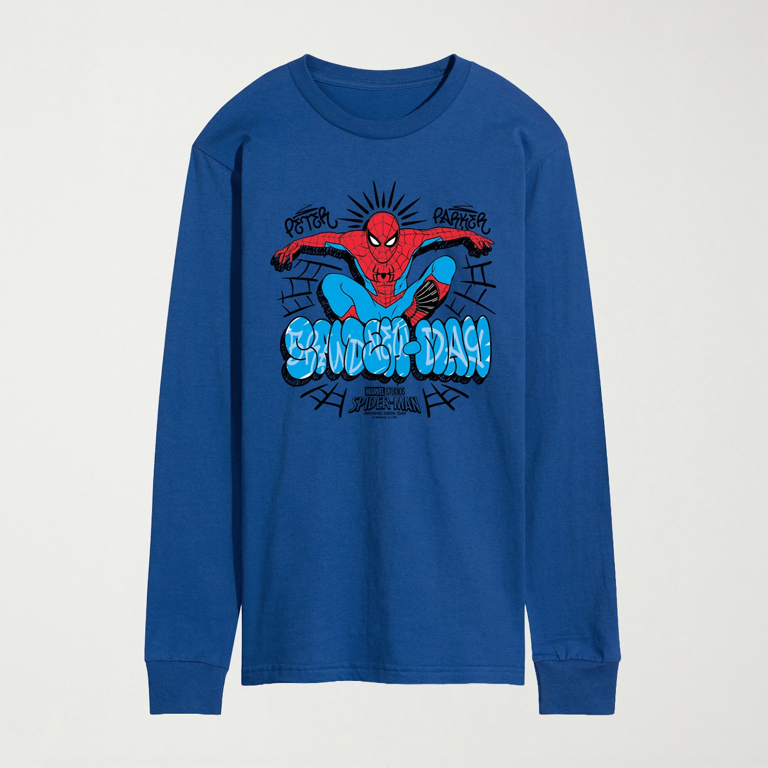 Brand New Day Peter Parker Mens Crew Neck Long Sleeve Regular Fit Spiderman Graphic T-Shirt